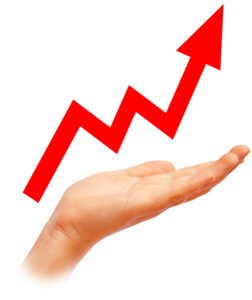 An open hand with a red upwards jagged arrow above it.