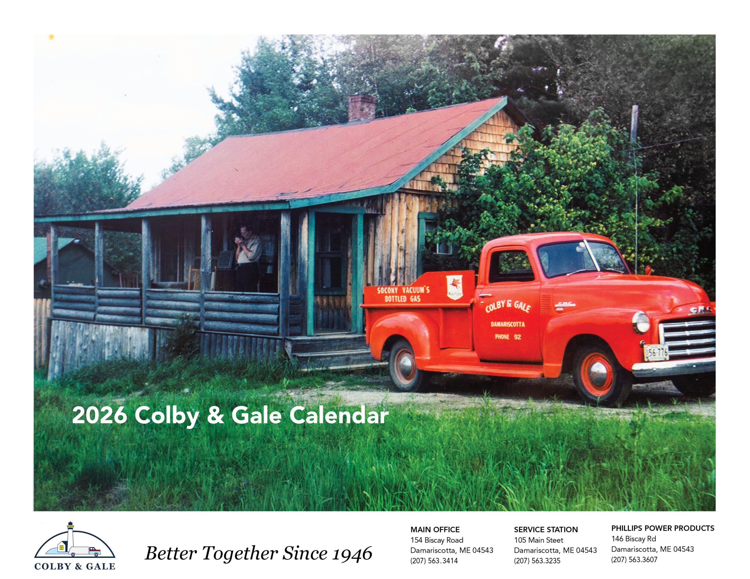 Man smoking on porch with Colby & Gale Service truck parked next to it in 1946. With Words on side promoting Socony Vacuum Bottled Gas