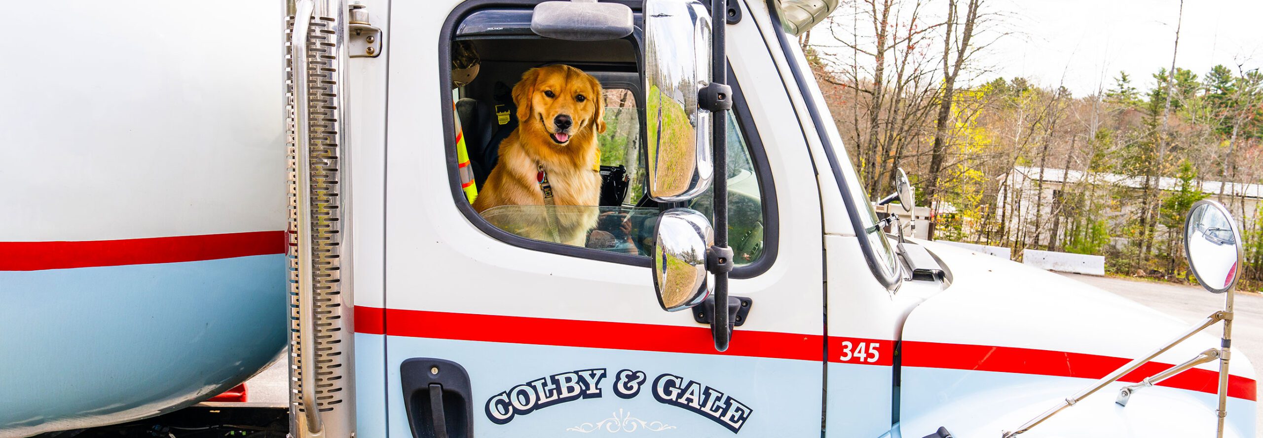 A golden retriever smiles while sitting in the front seat of a Colby & Gale fuel truck.