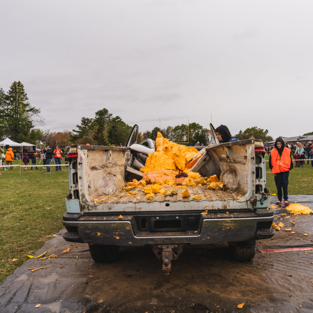 Giant pumpkin remains in bed of Colby & Gale service truck.