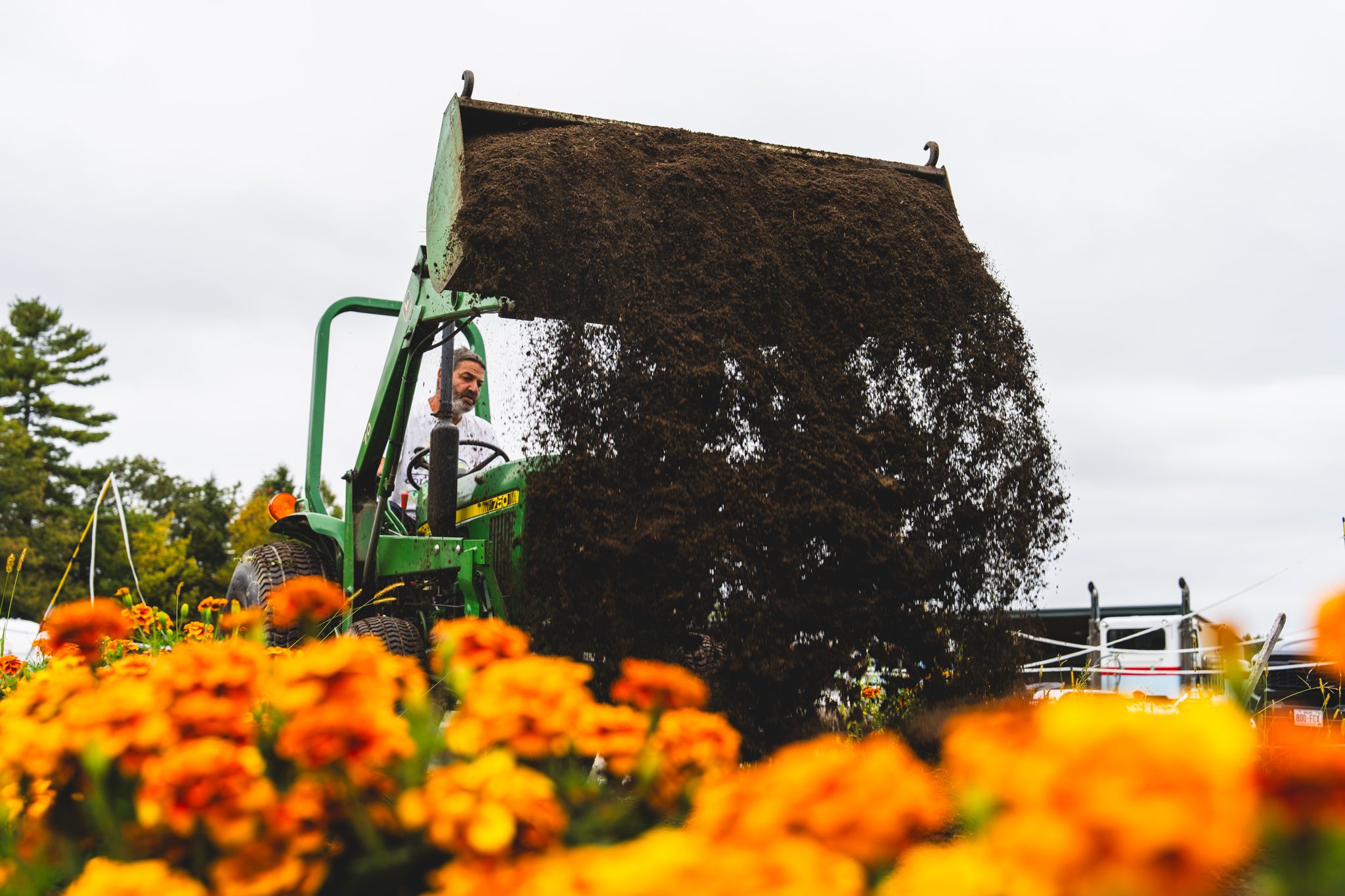 Orville Mooney in tractor depositing soil onto garden bed