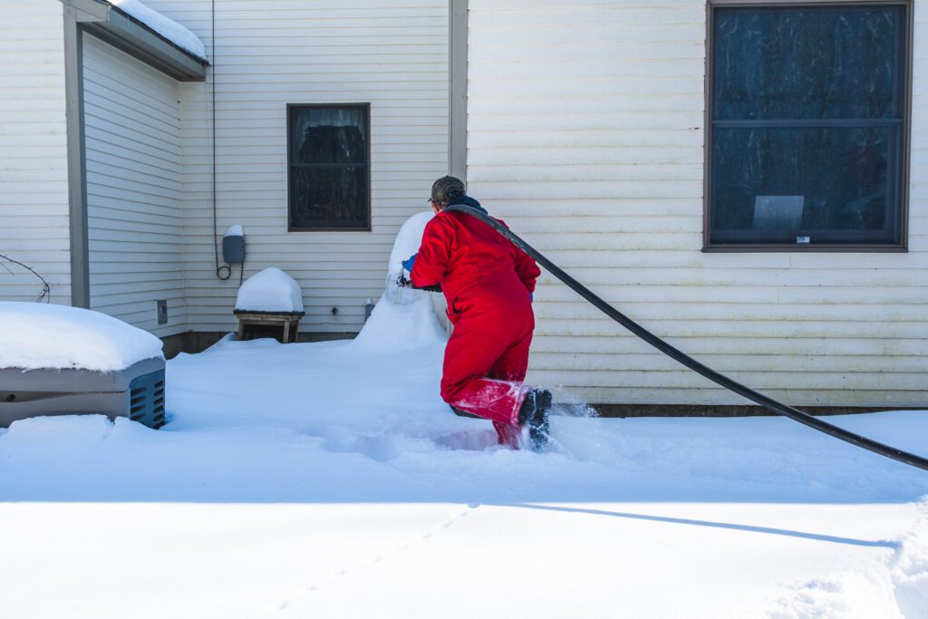 Art Dinsmore pulls a fuel hose in the snow at a customers house in Midcoast Maine.
