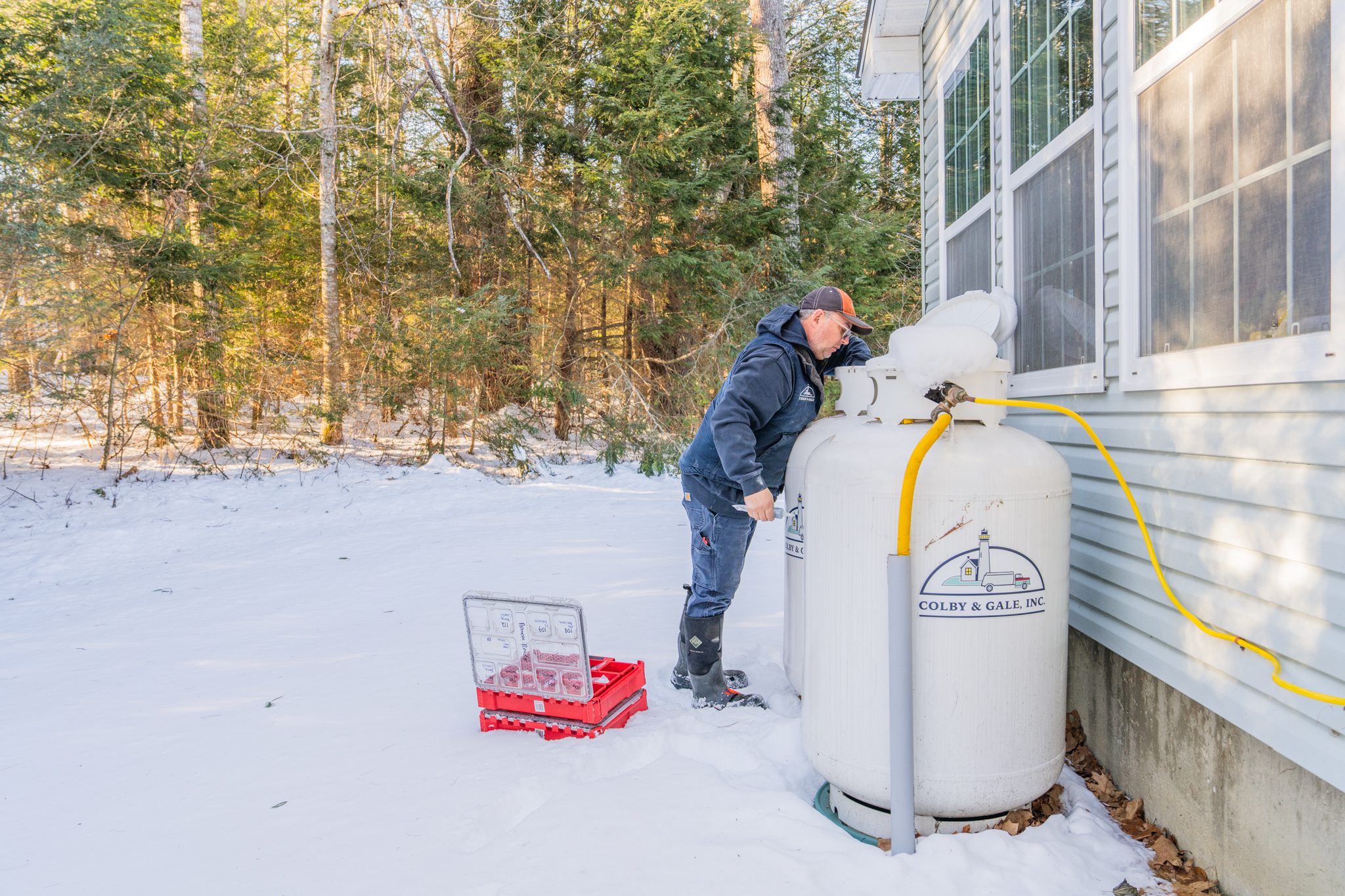 Colby & Gale safety manager Art Dinsmore performing a propane tank safety inspection and maintenance in Newcastle, Maine.